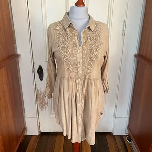 Tunic or baby doll dress, beige with beautiful detail. Size large. Gently worn
